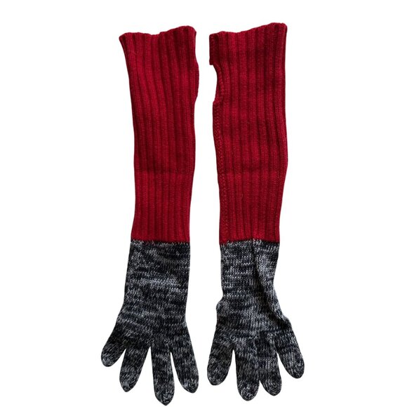 VTG Neiman Marcus Full Finger Knit Long Arm Warmers Gloves Small Red Black - Picture 1 of 9